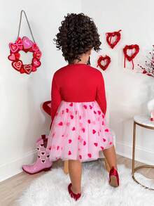 Young Girls Casual Red Knit Patchwork Heart Print Mesh Overlay Dress, Cute For Valentine's Day, Outdoor Wear - Red - View 2