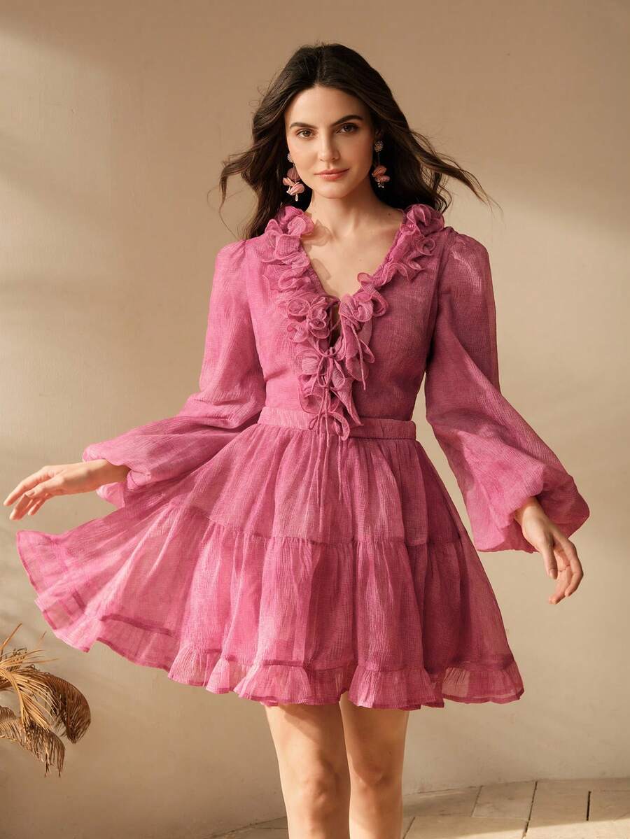 Anewsta New Elegant Textured V-Neck Ruffle Blouse And High Waist Skirt Set, Suitable For Birthday Party, Date, Evening Gala, Women's Day, Mother's Day, Spring/Autumn/Winter - Red - View 1