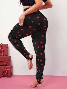 Enliva Quần legging co giãn cỡ lớn dành cho nữ với họa tiết trái tim và chi tiết viền, thích hợp cho Ngày Valentine, Tình yêu, Quà tặng, Lãng mạn, Chúc mừng Ngày Valentine, 2026, Năm mới, Tiệc tùng Ngày Valentine, Dành cho dáng người quả táo và tròn trịa. - màu đen - Xem 2