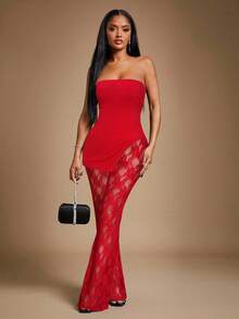 Radiana Women's Sexy & Elegant Red Lace 2-Piece Set, Includes Thick Ribbed Bandeau Top And Lace Flare Pants, High Elasticity Fabric Contouring Body, Suitable For Dates, Gatherings, Parties, Clubs, Nightlife,Spring To Summer, - Red - View 4