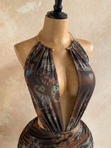 Soleia 女士性感复古图案网纱深V领串珠装饰紧身迷你连衣裙，适合节日派对、圣诞节、约会之夜、夜店、波西米亚风、度假、秋季等场合。 - 彩色 - 查看 4