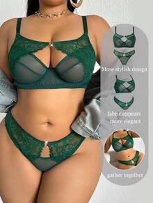 DesireSculpt Plus Size Women Sexy Lingerie Set With Underwire Push-Up Bra And Thong Panty, 2pcs - Green - View 3