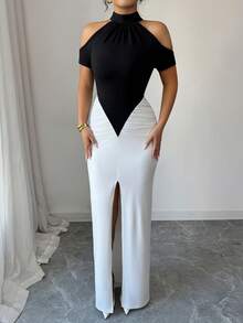 Selianne Summer New Black & White Color Block Design, Sexy High Slit, Off-Shoulder Short Sleeve Ruched Fitted Waist Elegant Dress, Suitable For Party, Gala, Wedding, Valentine's Day - Black and White - View 3