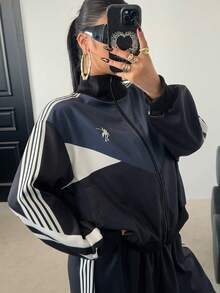 POPSWAY Jaqueta de Zíper Manga Longa com Contraste de Cor Preto e Azul + Calça Reta Solta com Recorte Contrastante, Conjunto Elegante Retrô Casual de Férias e Faculdade, Estilo 2 Peças, Outono/Inverno - Multicolorido - Visão 6