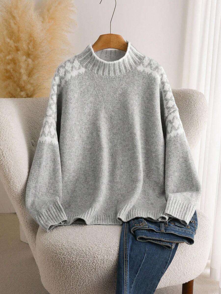 CosyJoli Plus Size Women Geometric Pattern Long Sleeve Casual Loose Pullover Sweater Women Pullover Fair Isle Sweater Gray Sweater Women Knit Sweater Mock Neck Sweater Grey Knit Sweater Women Grey Sweater Women Pullover Sweater In Fall/Winter - Grey - View 1