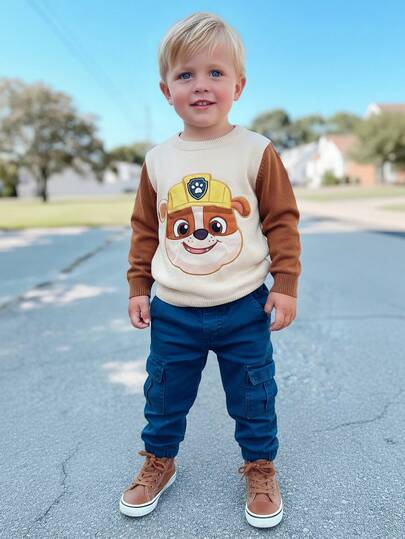 SHEIN | PAW Patrol Young Boy Cartoon Dog Embroidery Pattern Colorblock Round Neck Loose Fit Long Sleeve Sweater Fall Winter