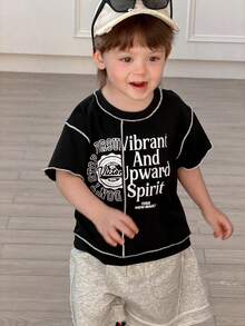 DAZY Baby Boys' Round Neck Quilted English Print Short Sleeve Top Spring Summer - Black - View 3