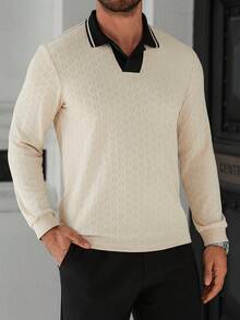 Manfinity Homme Men's Casual Everyday Office Commute Contrast Texture Polo Shirt, Spring/Autumn Cream Top - Beige - View 5