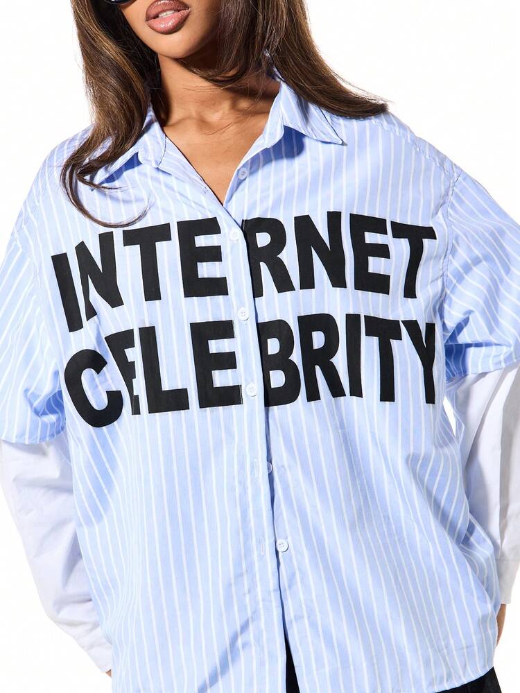 SUMWON WOMEN Striped Collared Blouse With Text Print