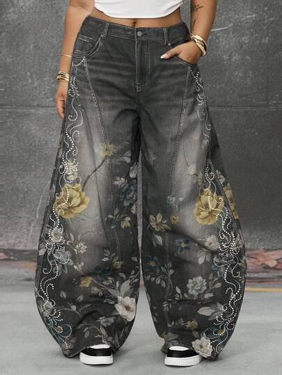 Grunge Punk Jeans de talle bajo y pierna ancha de lavado casual para tallas grandes