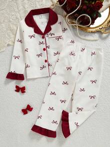 Conjunto de 2 piezas de cárdigan de manga larga y pantalones con estampado de cerezas y lazos para niña, ropa de estar en casa casual y cómoda - Albaricoque - Ver 9