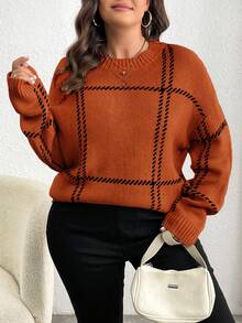 Elenzga Damen Pullover in Große Größen mit Karomuster, rundem Ausschnitt, Langarm, lässig und locker gestrickt, für Herbst/Winter - Orange - Übersicht 4