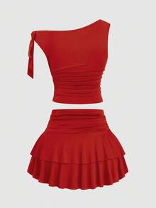 Sweetra Bộ váy hai mảnh cỡ lớn, tối giản, xếp ly eo, không tay, vai bất đối xứng, trang trí khóa kim loại màu nâu. - Đỏ - Xem 2