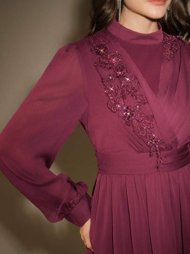 Women's Sequin Applique Decor Long Sleeve Pleated Elegant Dress