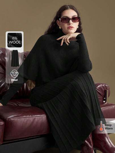 Ontre 女士百搭羊毛混纺A字中长裙，松紧腰设计，适合通勤、商务、休闲、办公穿着，优雅百搭，尤其适合冬季、圣诞节、新年派对等场合。