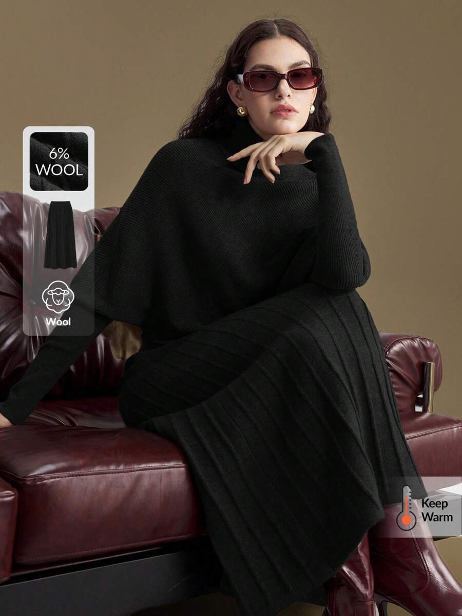 Ontre 女士百搭羊毛混纺A字中长裙，松紧腰设计，适合通勤、商务、休闲、办公穿着，优雅百搭，尤其适合冬季、圣诞节、新年派对等场合。 - 黑色 - 查看 1