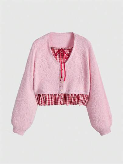 Kawaii Cute Girl Pink Plaid Patchwork Plus Size Pullover Sweater, Loose Casual Sweet Women Knitted Top