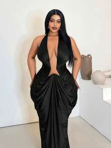 Maweii Plus Size Solid Color Fashion Halter Backless Deep V-Neck Sleeveless Dress - Black - View 1