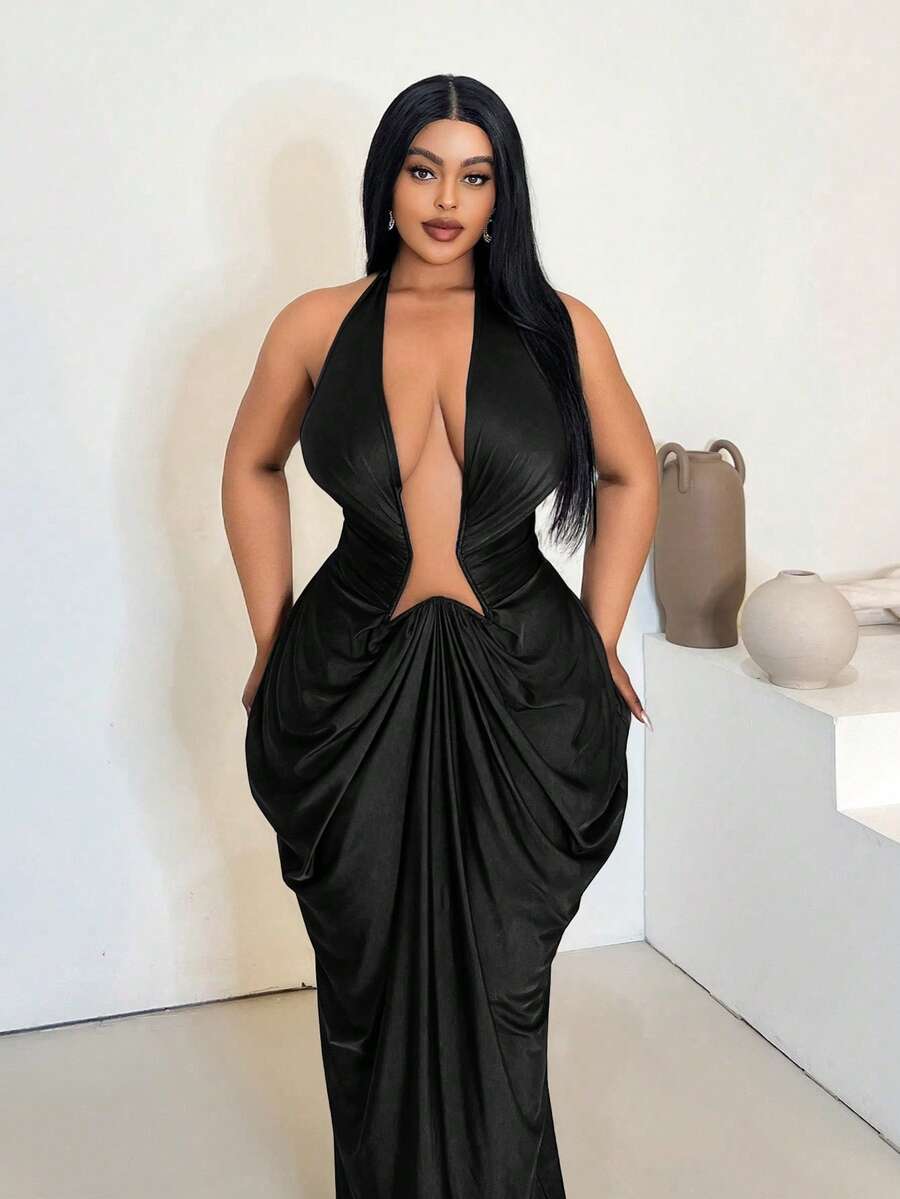Maweii Plus Size Solid Color Fashion Halter Backless Deep V-Neck Sleeveless Dress - Black - View 1