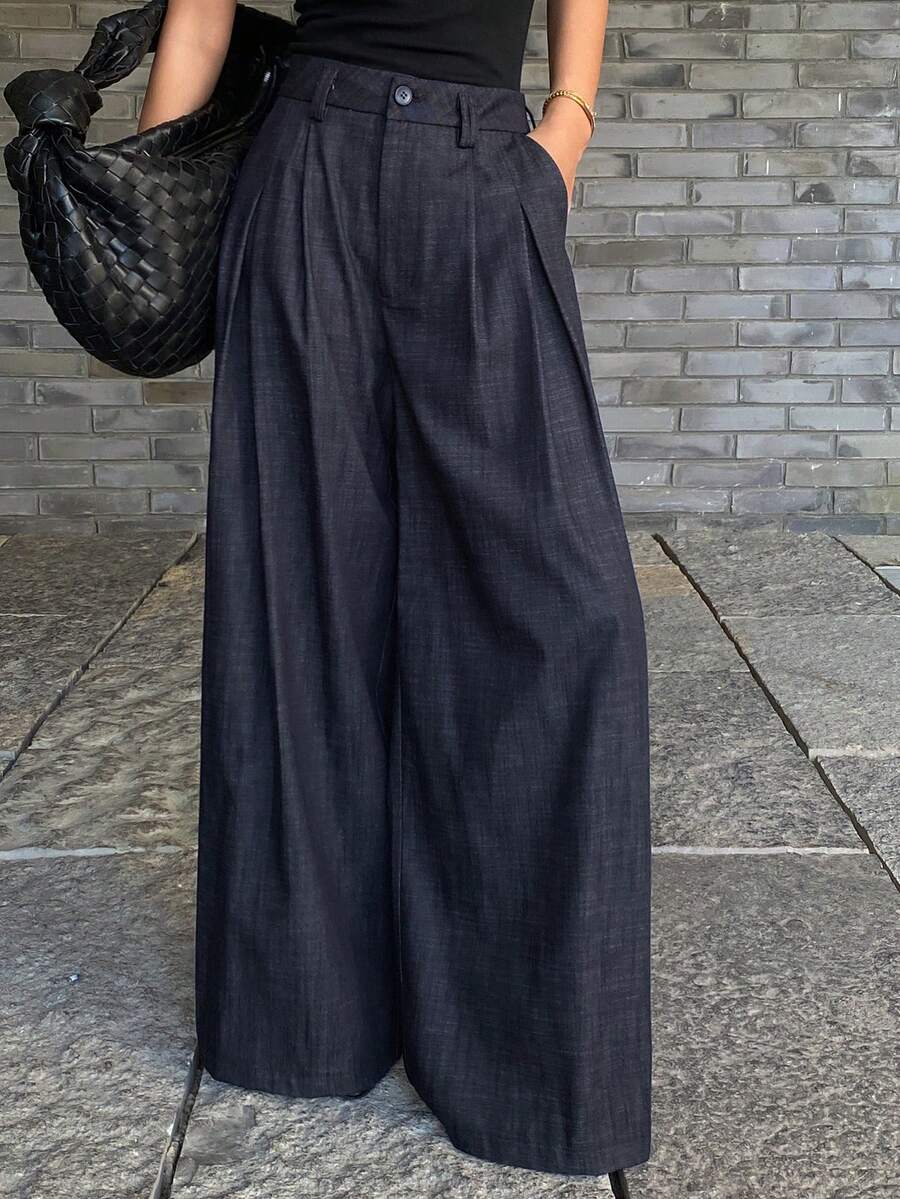 DAZY Women's Elegant Wide Leg Pants, Loose Solid Color Formal Trousers, Spring/Autumn Y2k - Blue - View 1