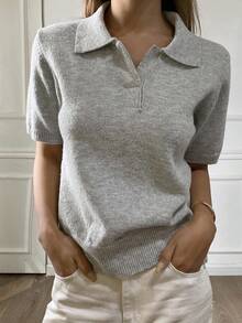 DAZY Áo len dệt kim cổ polo tay ngắn ôm sát màu trơn thanh lịch trang trọng mùa xuân/thu dành cho nữ - Xám - Xem 1