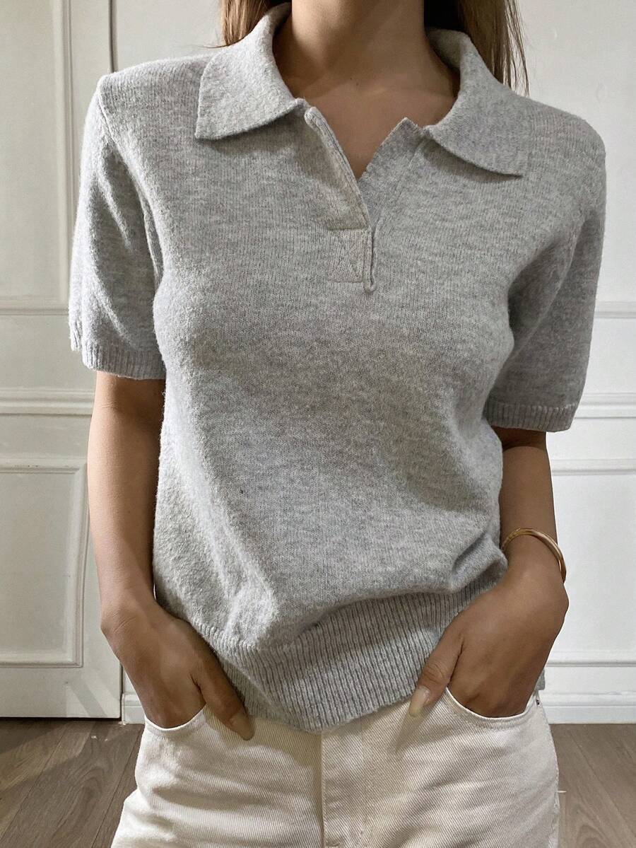 DAZY Áo len dệt kim cổ polo tay ngắn ôm sát màu trơn thanh lịch trang trọng mùa xuân/thu dành cho nữ - Xám - Xem 1