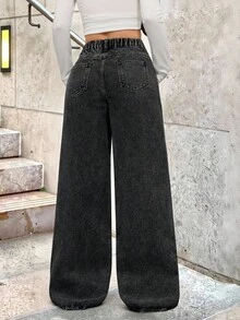 SHEIN 千禧少女休闲水洗灰色高腰宽松直筒牛仔裤，男友风牛仔裤，适合万圣节、秋季、圣诞节等场合，也适合秋冬季返校季穿着，街头复古风，舒适百搭，适合13-16岁女孩，适合上学、居家和旅行，侧边口袋宽松休闲百搭牛仔裤，新年休闲优雅之选。 - 黑色 - 查看 2