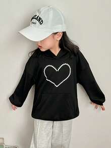 SHEIN Young Girls' Casual Heart Pattern Hooded Sweatshirt - Black - View 4