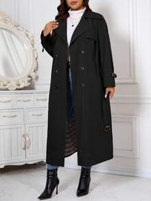 SHEIN Clasi Plus Size Women's Solid Color Lapel Collar Long Sleeve Double-Breasted Casual Long Trench Coat - Black - View 4