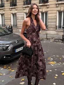 SHEIN PariChic Váy hở lưng buộc dây họa tiết da báo cho nữ, thời trang cho tiệc tùng và du lịch - Màu Khaki - Xem 6