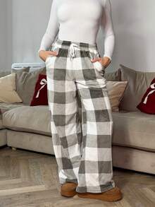 Bethéva Women's Fall/Winter Streetwear Going Out Vintage Back To School Casual Front Tie Plaid Pocket Trousers With Fleece - Multicolor - View 3