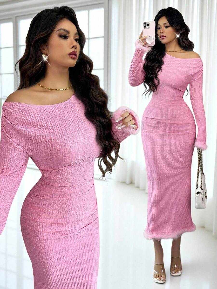 Rafferiza Robe pour femmes avec design plissé à l'épaule irrégulière et à la taille, rose, avec décoration en peluche, élastique serré, robe cintrée à la taille, vêtements d'automne et d'hiver, pour le port extérieur, mode et élégante, convient pour le port quotidien, les mariages, les banquets, les trajets quotidiens, les fêtes de remise des diplômes, les événements festifs, les vacances, les sorties, les fêtes, Halloween, Noël, le Nouvel An et Thanksgiving