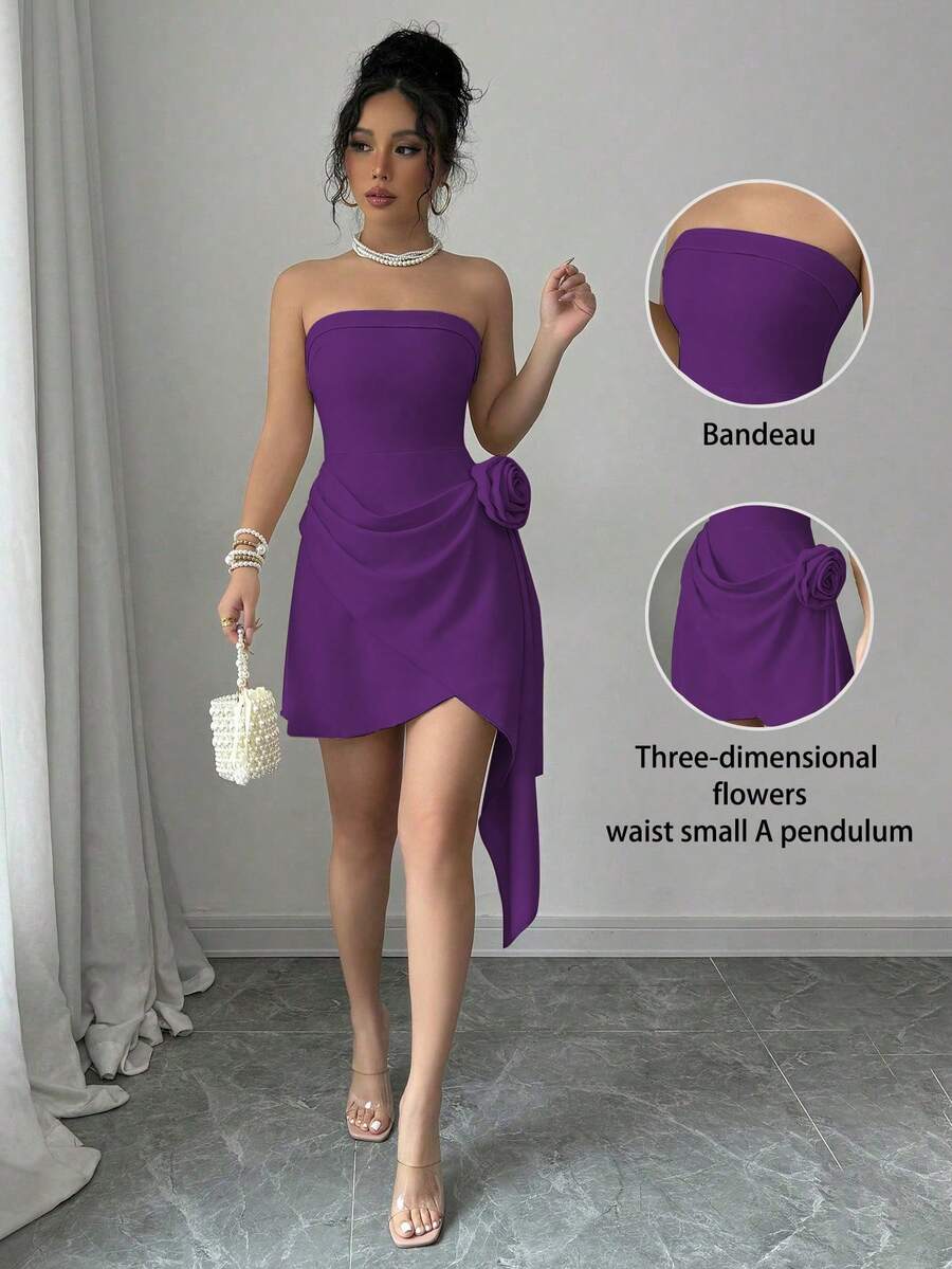 Elenzga Váy hoa lãng mạn thanh lịch dáng chữ A, không dây eo màu mơ dành cho nữ, ngày lễ tình nhân - Màu tím  Violet - Xem 1