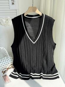 SHEIN EZwear 秋冬加条纹麻花针织毛衣背心（不含衬衫）