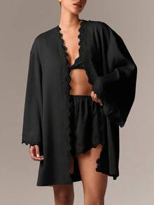 AiiRZ 女士缎面蕾丝三角文胸短裤睡袍套装家居服睡衣内衣睡衣睡衣系列卧室必备 - 黑色 - 查看 3