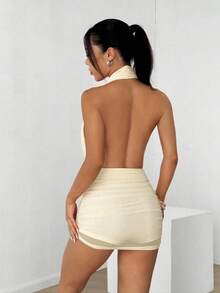SHEIN EZwear 女士极简主义垂褶领口下摆迷你连衣裙，奶油黄色迷你连衣裙 - 淡黃色 - 查看 2