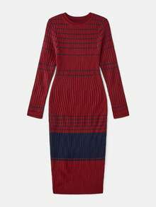 lacRébo Burgunderrotes und schwarzes figurbetontes Midi-Strickkleid mit Taillenstreifen-Detail, Weihnachts-/Neujahrskleider, Bürokleid, Ausgehkleid, Winterkleid - Verschiedenfarbig - Übersicht 7