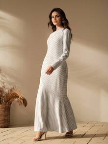 Anewsta Đầm Maxi Ôm Body Cổ Tròn Tay Dài Sọc Lấp Lánh Thanh Lịch Cho Nữ, Thích Hợp Cho Giáng Sinh, Xuân/Thu - Đen và trắng - Xem 6
