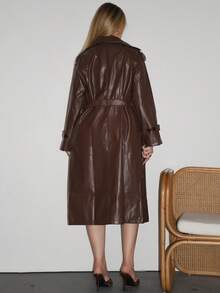 Arliah Women Fashion Street Chic PU Leather Lapel Collar Double Breasted Belted Long Trench Coat Fall Winter Cloth For Women - Brown - View 2
