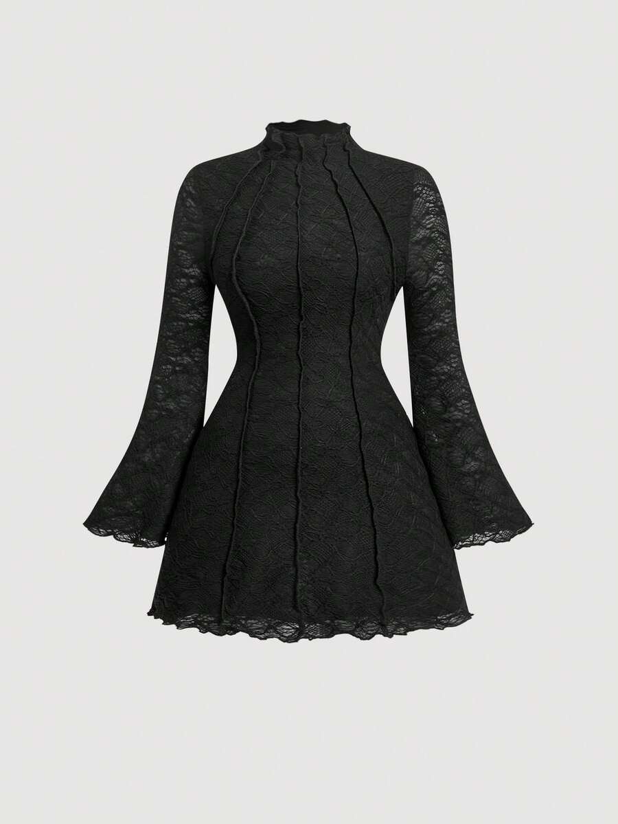 SHEIN MOD 大码女式白色撞色缝线喇叭袖短款连衣裙 - 黑色 - 查看 1