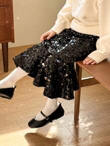 DAZY Young Girls Heavily Embellished Sequin Mermaid Tail Solid Color Skirt