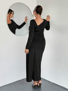 Firerie Plus Size Women's Asymmetrical Hem Ruffle Shoulder Casual Waist Cinched Long Sleeve Dress, New Year Dress, Elegant & Slimming, Autumn/Winter Dress - Black - View 2