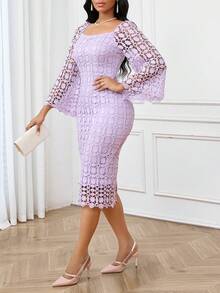 SHEIN Lady Váy dạ hội hóa trang bốn mùa thu Váy nữ thanh lịch Váy tím mùa thu Váy cưới vải ren rỗng Váy dạ hội tím Trang phục dự tiệc ren tay dài cho nữ Váy dài tay xòe thanh lịch, ôm sát Trang phục mùa thu cho nữ - Màu tím - Xem 5