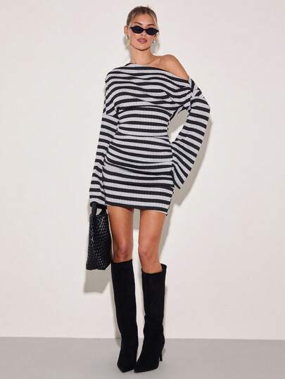 COSMINA Elegant, sneda axlar, randig, långärmad och rynkad kort klänning för kvinnor, mångsidig för pendling och vardagsbruk, året runt