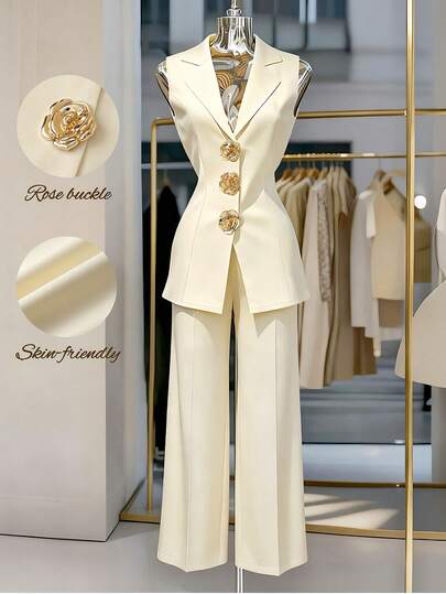 Franclia Damkostym med enfärgad minimalistisk design, ärmlös topp och byxor, rosknappdekoration, enfärgad