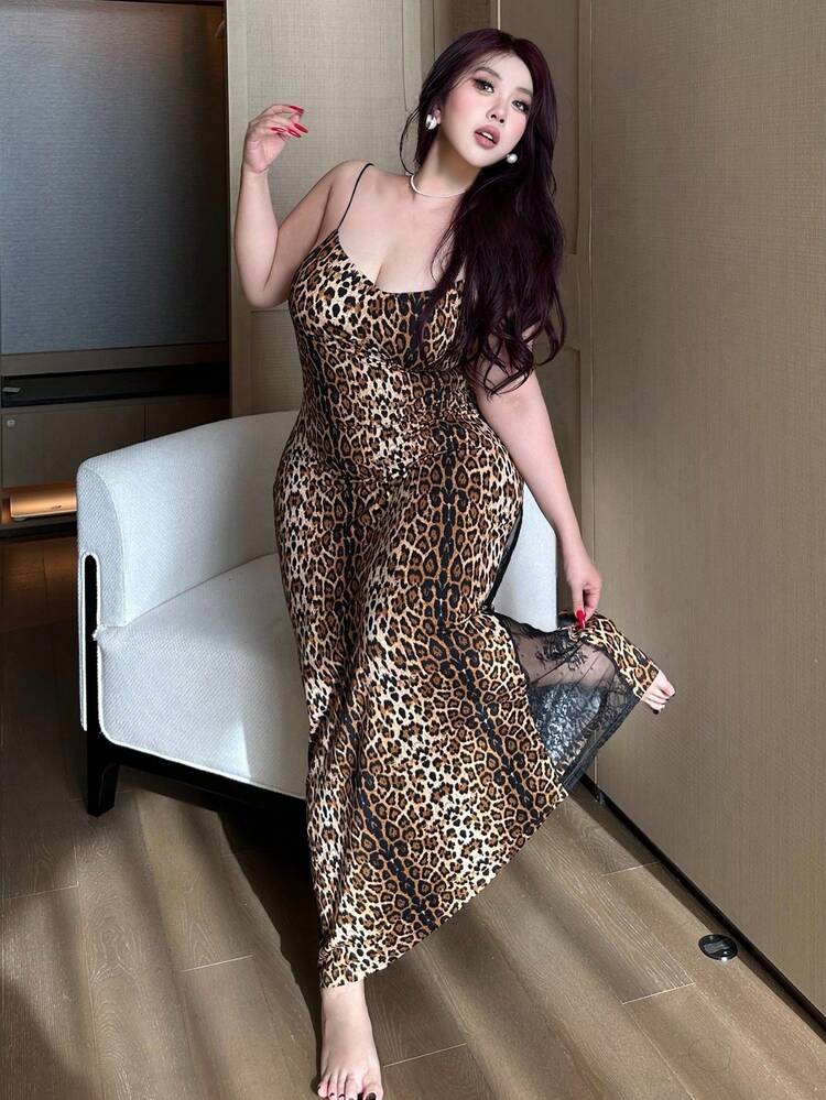 Dazy Plus Fashionable Leopard Print Contrast Lace Sexy Camisole Long Nightgown