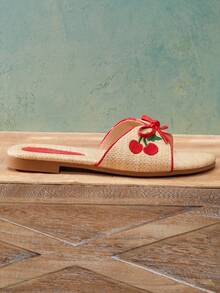 Mini mi Girl's Raffia Cherry Embroidered Red Bow Trim Slide Sandals – Cute, Fresh & Summer-Ready. - Red - View 3