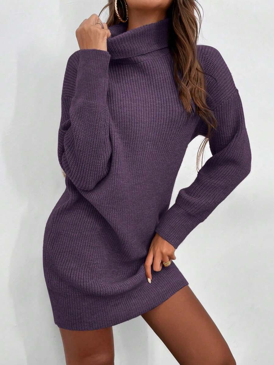Islaluna 女士纯色高领落肩长袖休闲针织毛衣连衣裙，秋冬款 - 紫丁香色 - 查看 1