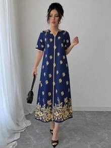 SHEIN Elenzya Vestido largo recto de verano con cuello en V y mangas cortas, con estampado elegante para mujer - Azul Marino - Ver 4