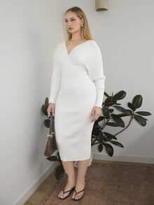 Arliah Women Sexy Elegant White V-Neck Off Shoulder Long Sleeve Fitted Sweater Dress, Suitable For Daily Wear, Office, Date, Casual, Party, Thanksgiving, Christmas White Midi Dress White Long Sleeve Dress White Bodycon Dress Ribbed Midi Dress In Fall/Winter - White - View 4